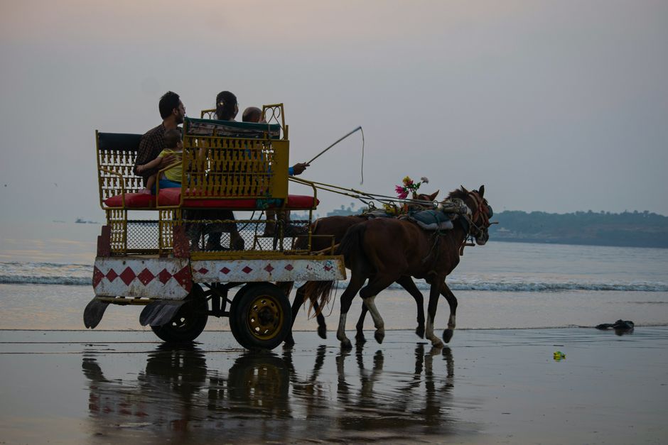 A serene horse-drawn carriage ride along Mumbai's beach at sunset.